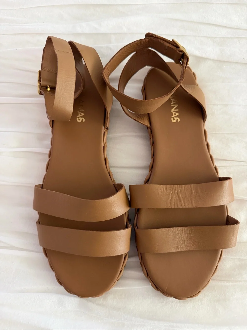 Kaanas Tan Leather Braided Sole Ankle Strap Sandals Size 7M New